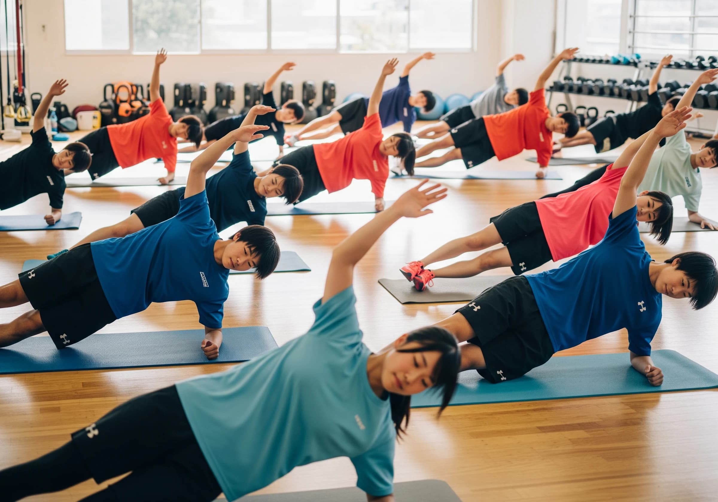 体幹トレーニングに励む学生たち